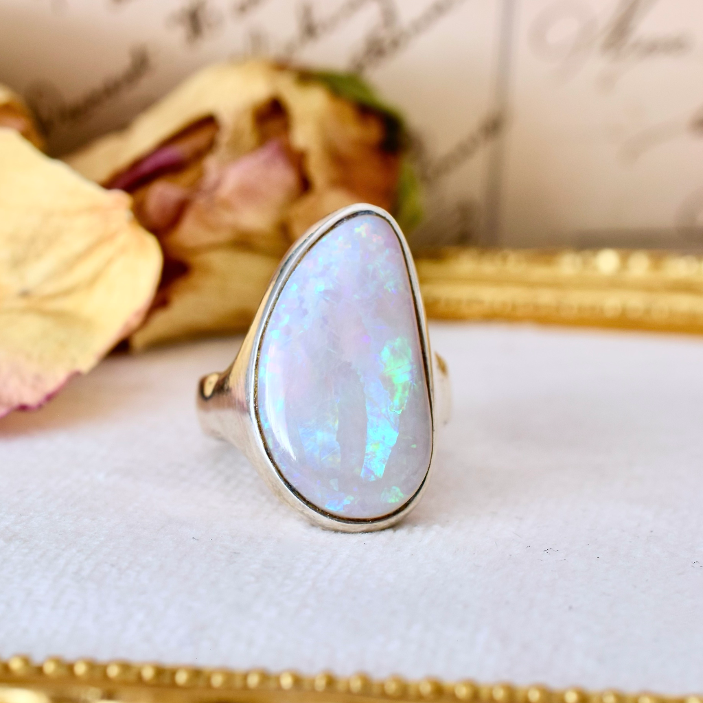 Modern Sterling Silver Free Form Solid Semi-Black Opal Ring Independent Valuation Included $3,500 AUD
