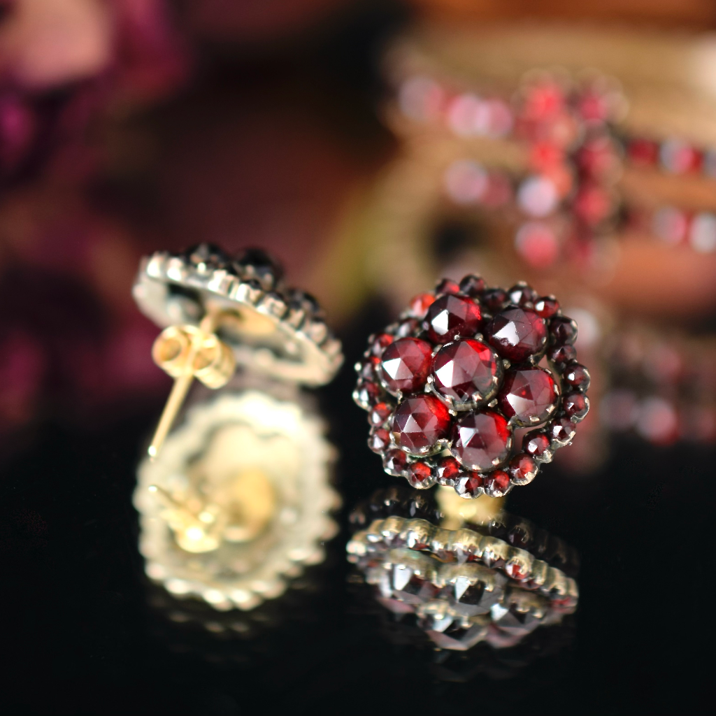 Antique Bohemian Garnet Flower Cluster Earrings Circa 1900