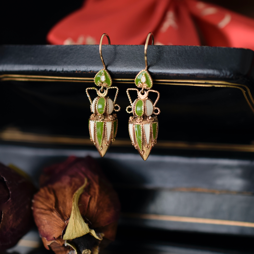 Modern - Antique Style - 9ct Yellow Gold Enamel ‘Amphora’ Earrings