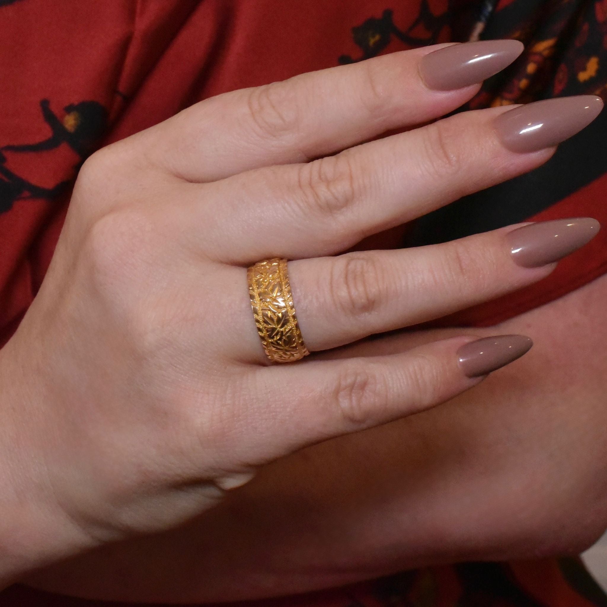 Antique Victorian 9ct Rose Gold Wide Ivy Pattern Ring - By Edward Vaughton - Birmingham 1900