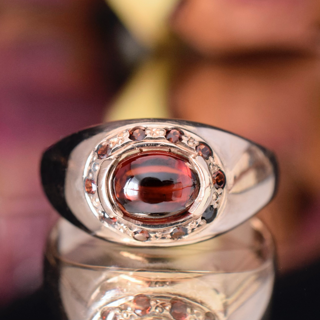 Modern 9ct Rose Gold Cabochon And Faceted Garnet Domed Ring