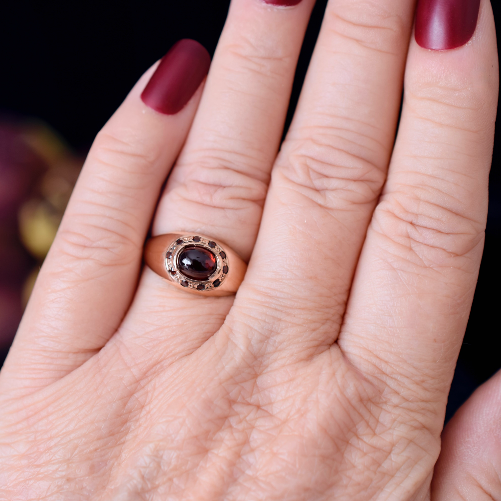 Modern 9ct Rose Gold Cabochon And Faceted Garnet Domed Ring