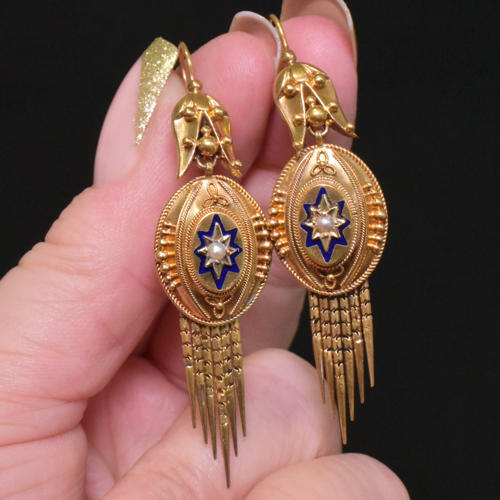 Superb Antique Victorian 15ct Pink Gold Pearl Enamelled Starburst Fringe Earrings Circa 1880