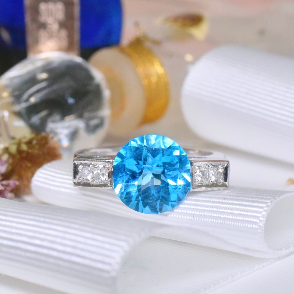 Superb 18ct White Gold Swiss blue Topaz And Diamond Ring