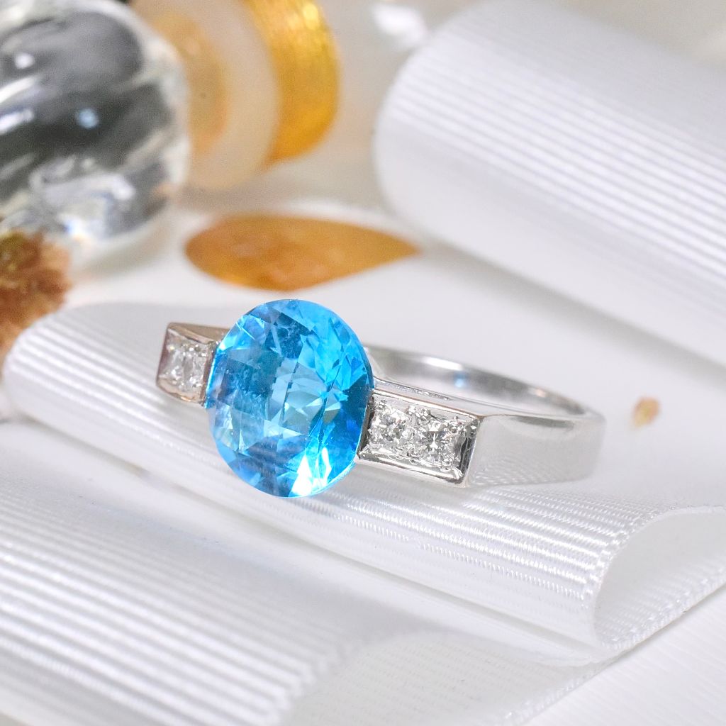 Superb 18ct White Gold Swiss blue Topaz And Diamond Ring