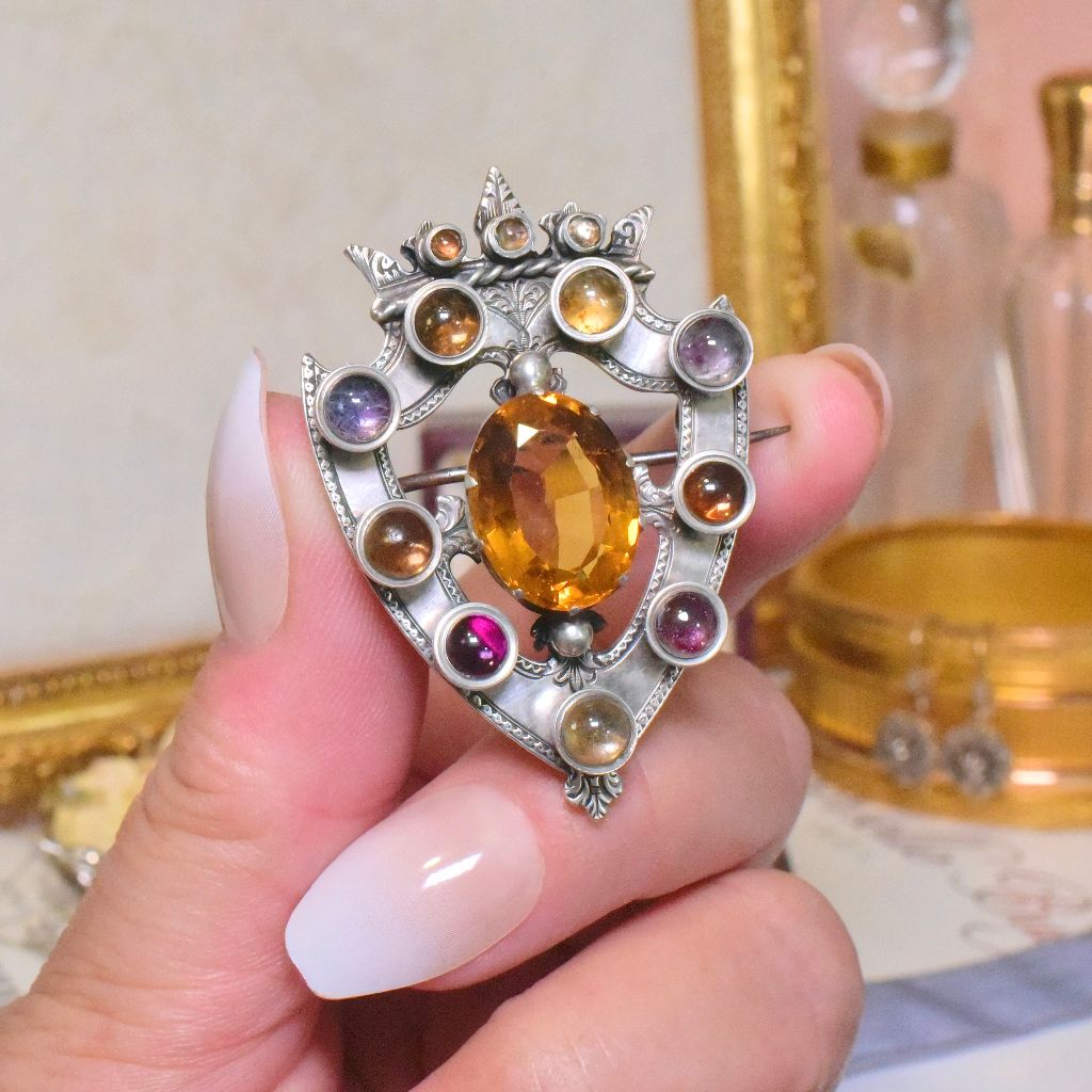 Antique Victorian Sterling Silver Citrine And Amethyst Brooch Circa 1875-80