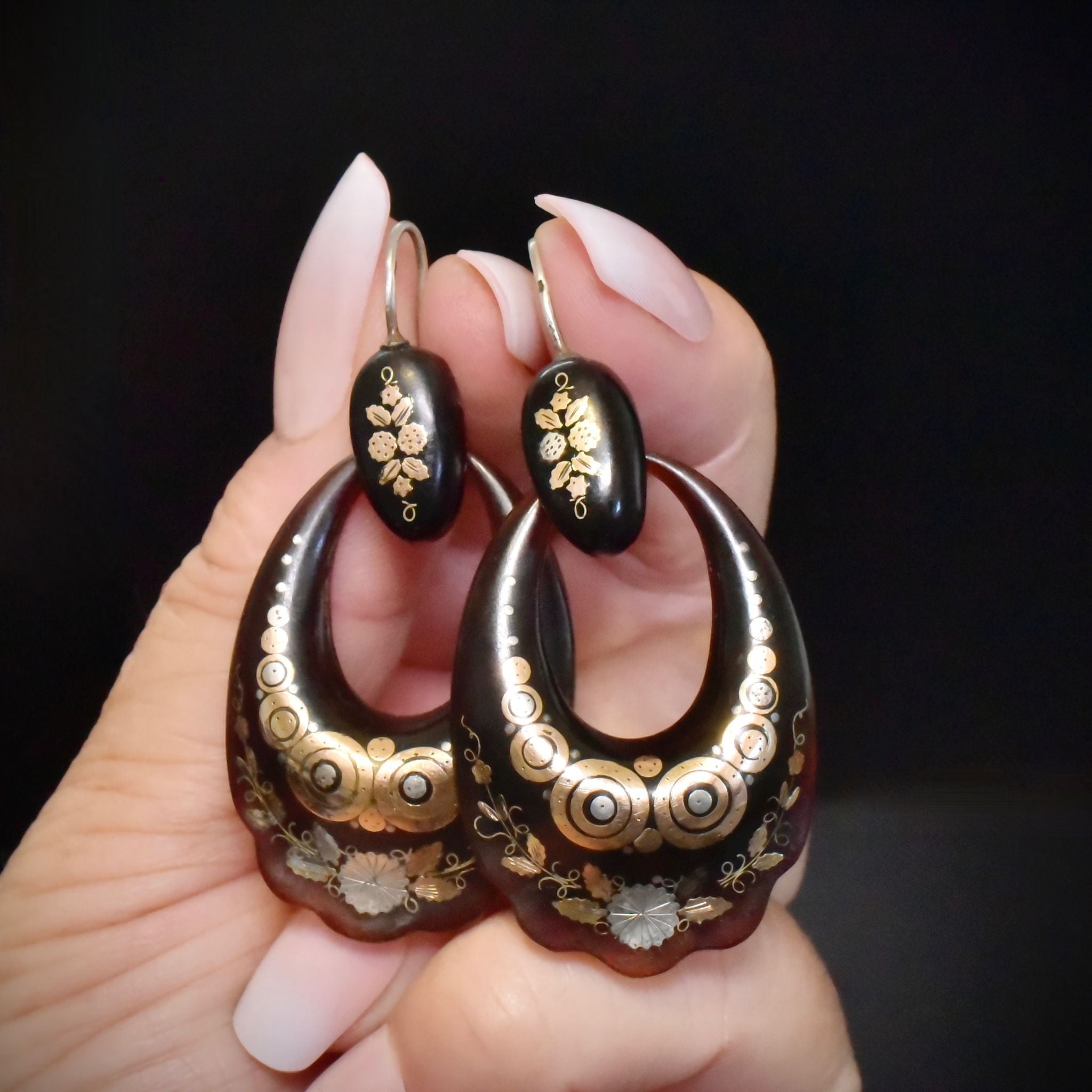 Superb Antique French Victorian Piqué Gold & Silver Earrings