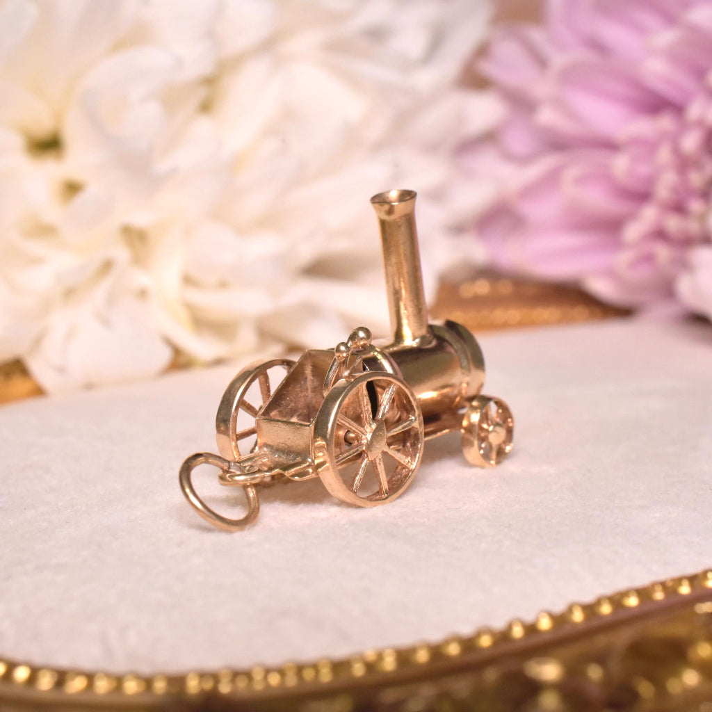 Vintage 9ct Rose Gold Articulated Steam Train Charm - London 1973