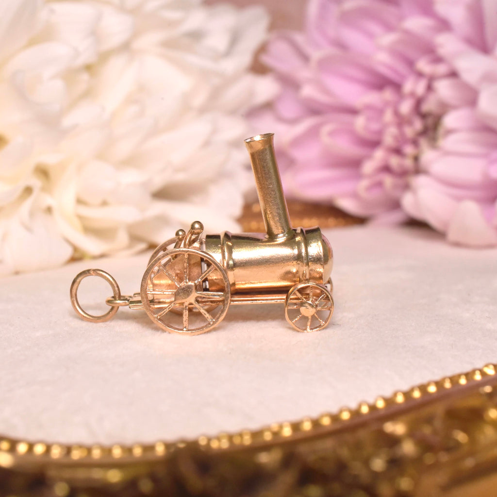 Vintage 9ct Rose Gold Articulated Steam Train Charm - London 1973