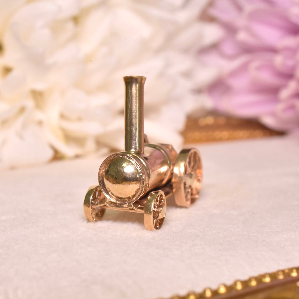 Vintage 9ct Rose Gold Articulated Steam Train Charm - London 1973