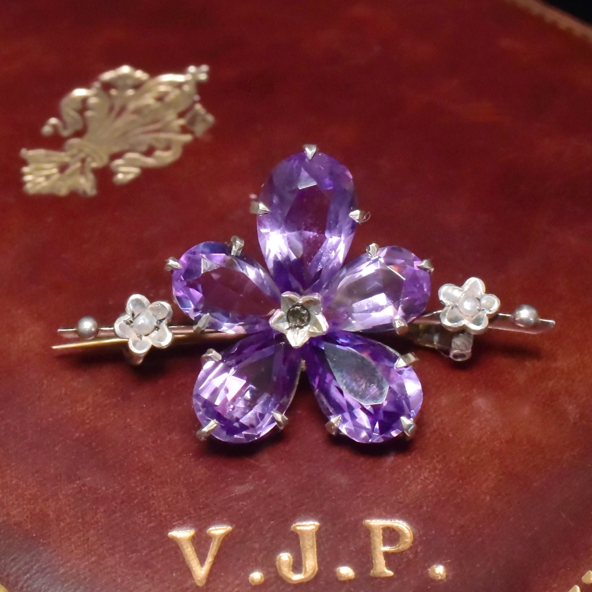 Antique Victorian Silver & Gold Gilt Amethyst, Diamond & Pearl ‘Pansy’ Brooch