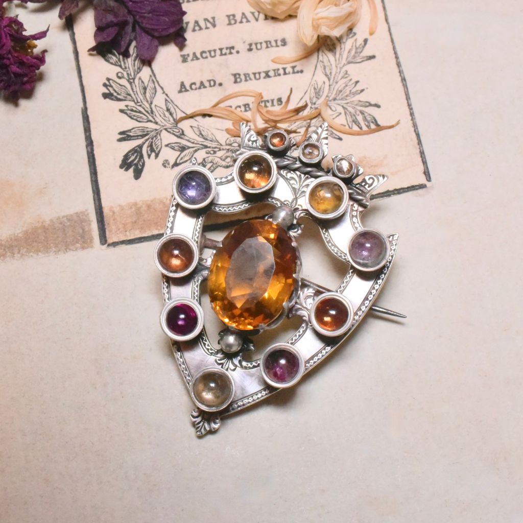 Antique Victorian Sterling Silver Citrine And Amethyst Brooch Circa 1875-80