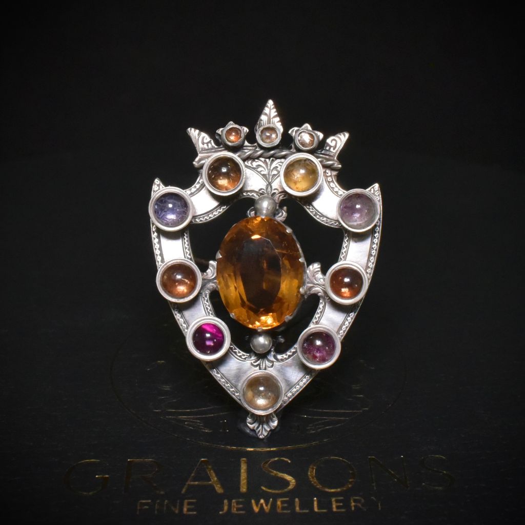 Antique Victorian Sterling Silver Citrine And Amethyst Brooch Circa 1875-80