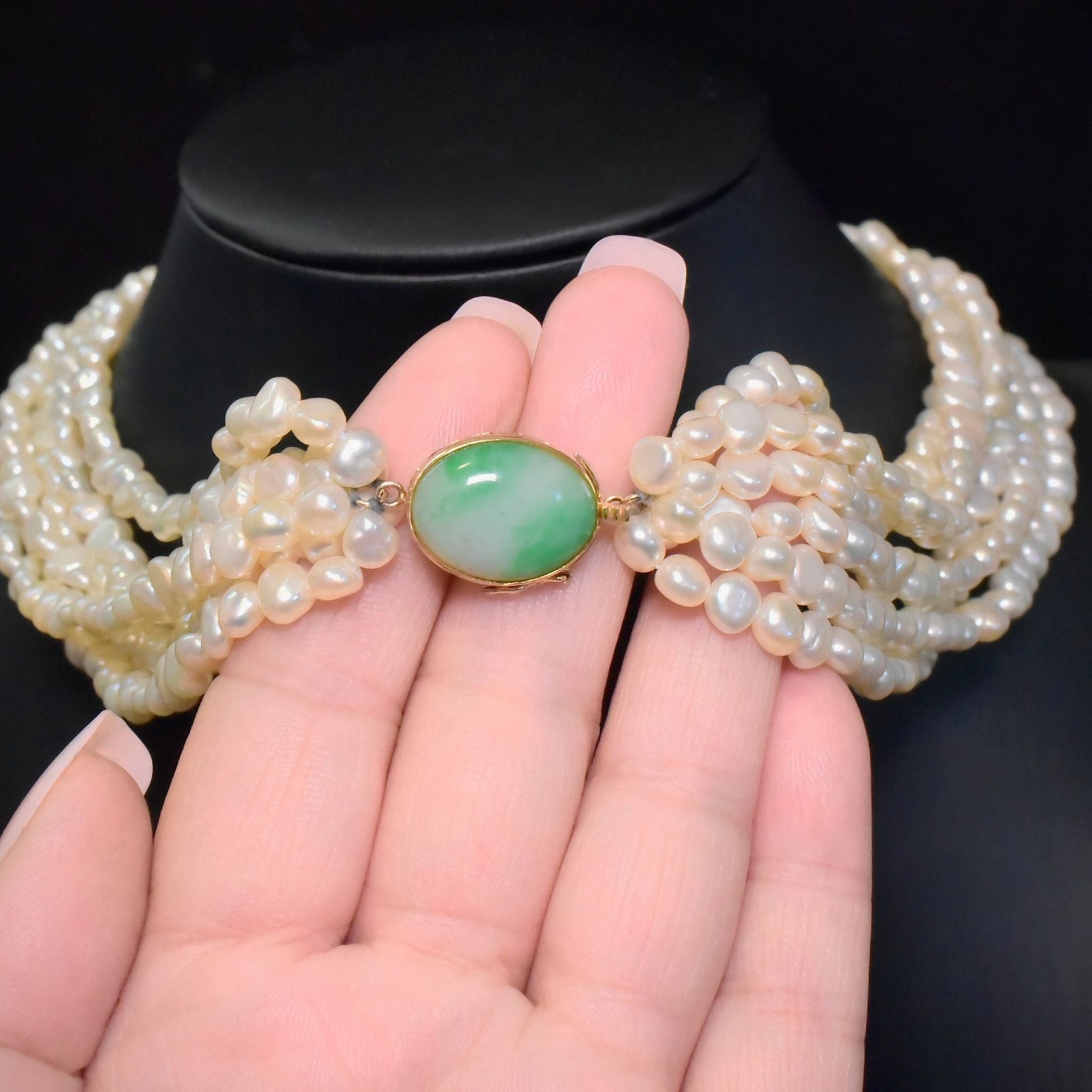 Stunning 14ct Yellow Gold & Jade Six Strand Freshwater ‘Potato Pearl’ Necklace