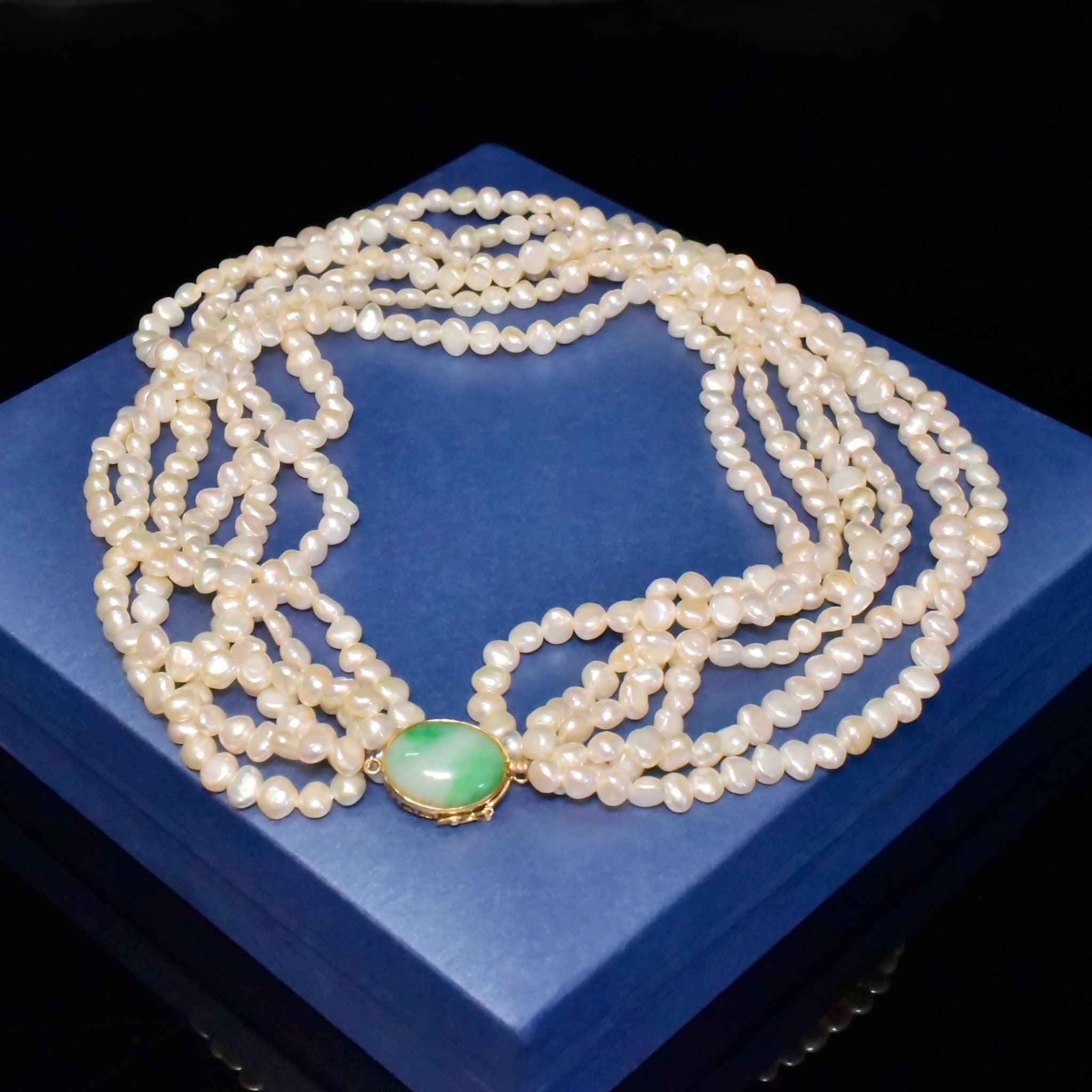 Stunning 14ct Yellow Gold & Jade Six Strand Freshwater ‘Potato Pearl’ Necklace