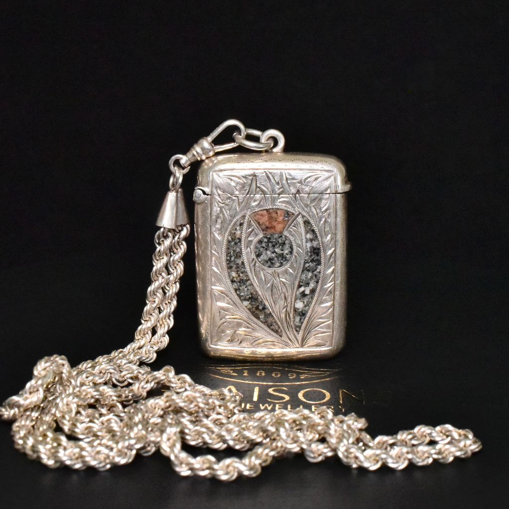 Antique Edwardian Sterling Silver And Agate Vesta Case - 1907 (With Later Chain)