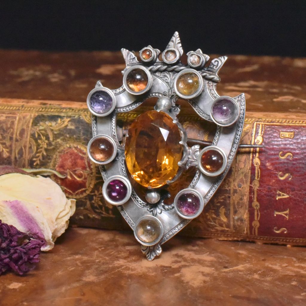 Antique Victorian Sterling Silver Citrine And Amethyst Brooch Circa 1875-80