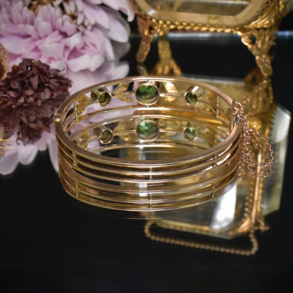 Antique Edwardian 9ct Rose Gold Green Tourmaline And Seed Pearl Bangle - Circa 1910-15