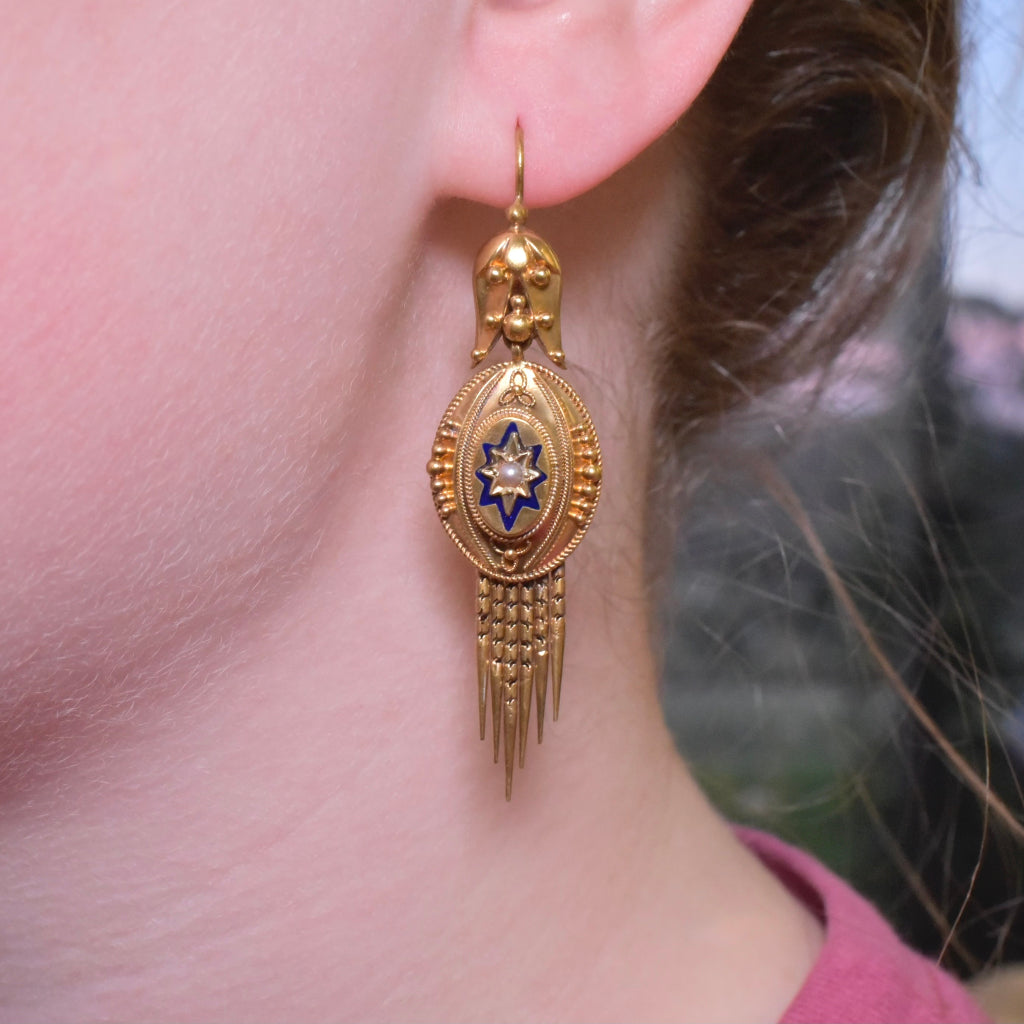 Superb Antique Victorian 15ct Pink Gold Pearl Enamelled Starburst Fringe Earrings Circa 1880