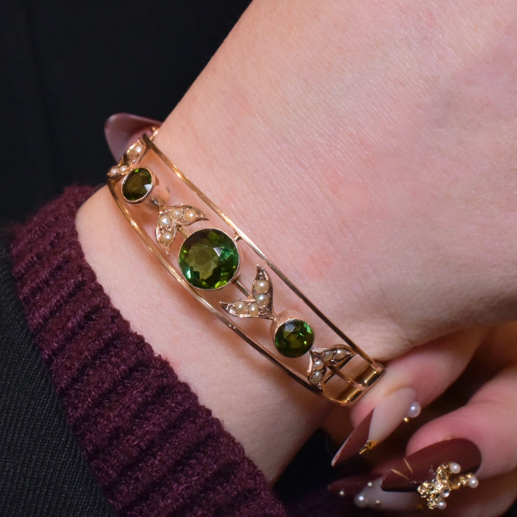 Antique Edwardian 9ct Rose Gold Green Tourmaline And Seed Pearl Bangle - Circa 1910-15