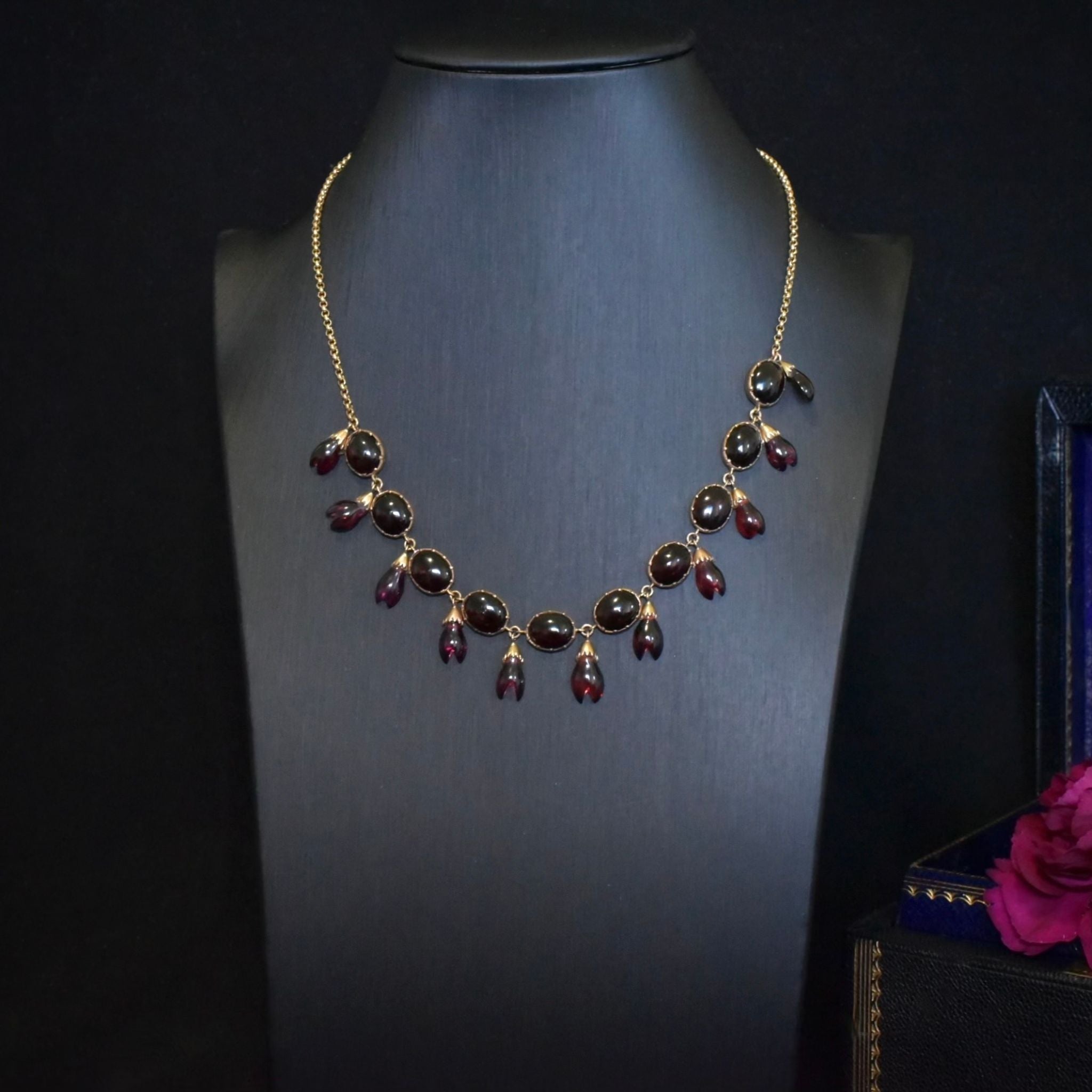Antique 9ct Rose Gold Garnet Demi-Parure Fringe Necklace And Earrings Circa 1900-1910