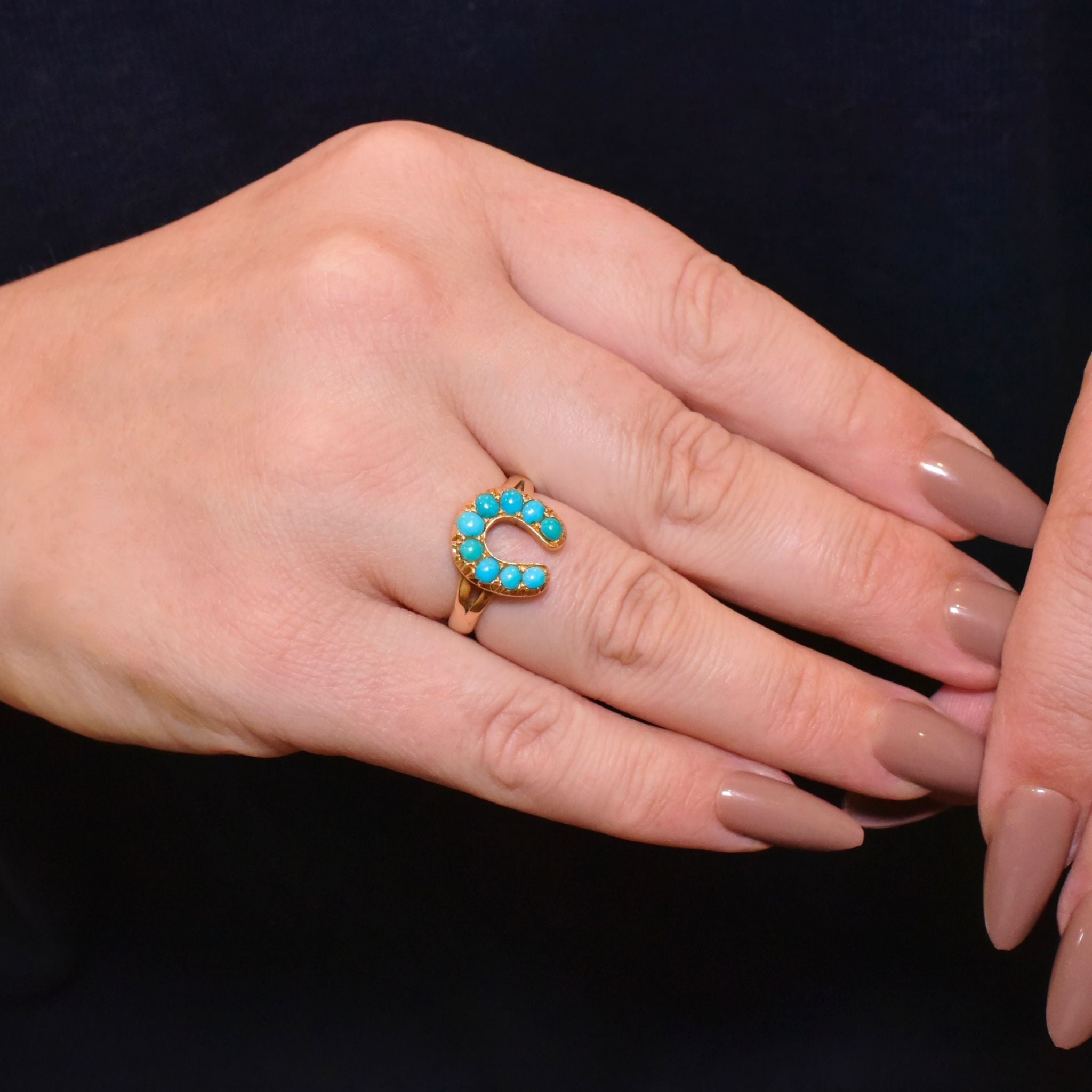 Antique Edwardian 9ct Yellow Gold Persian Turquoise ‘Horseshoe’ Ring