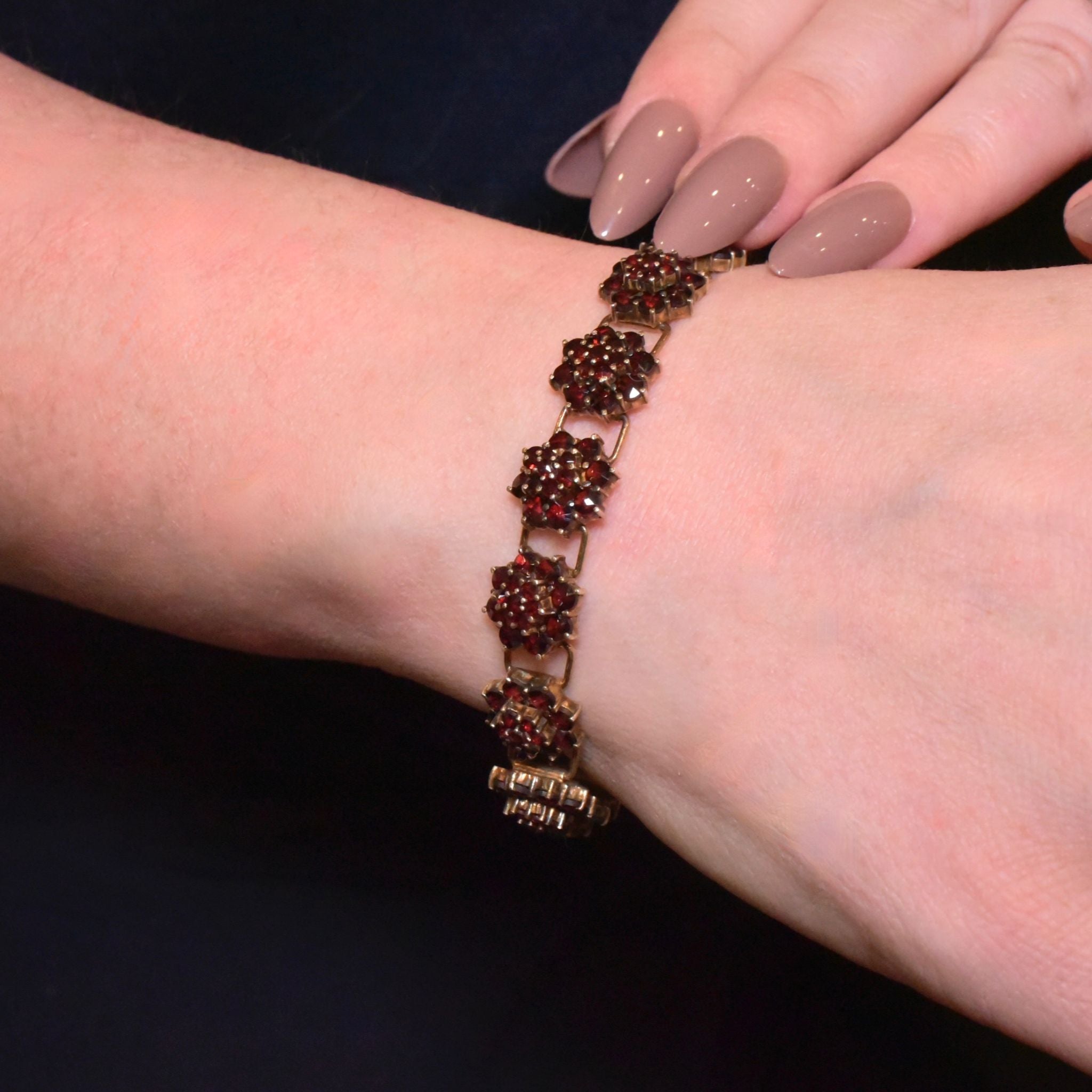 Antique Edwardian/Art Deco Era Austrian 900 Silver Gilt Bohemian Garnet Bracelet Circa 1915-1930