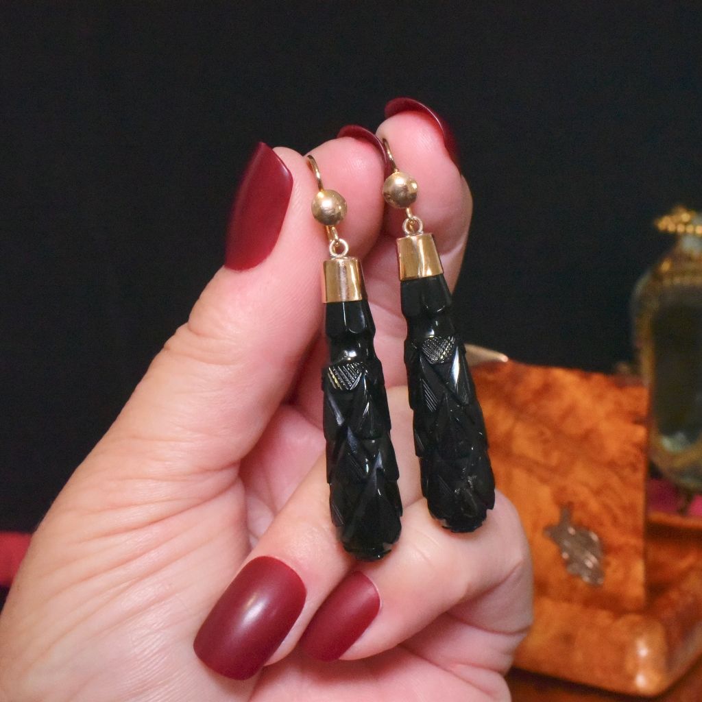 Antique Victorian 9ct Rose Gold Carved Whitby Jet Pendeloque Earrings Circa 1880’s