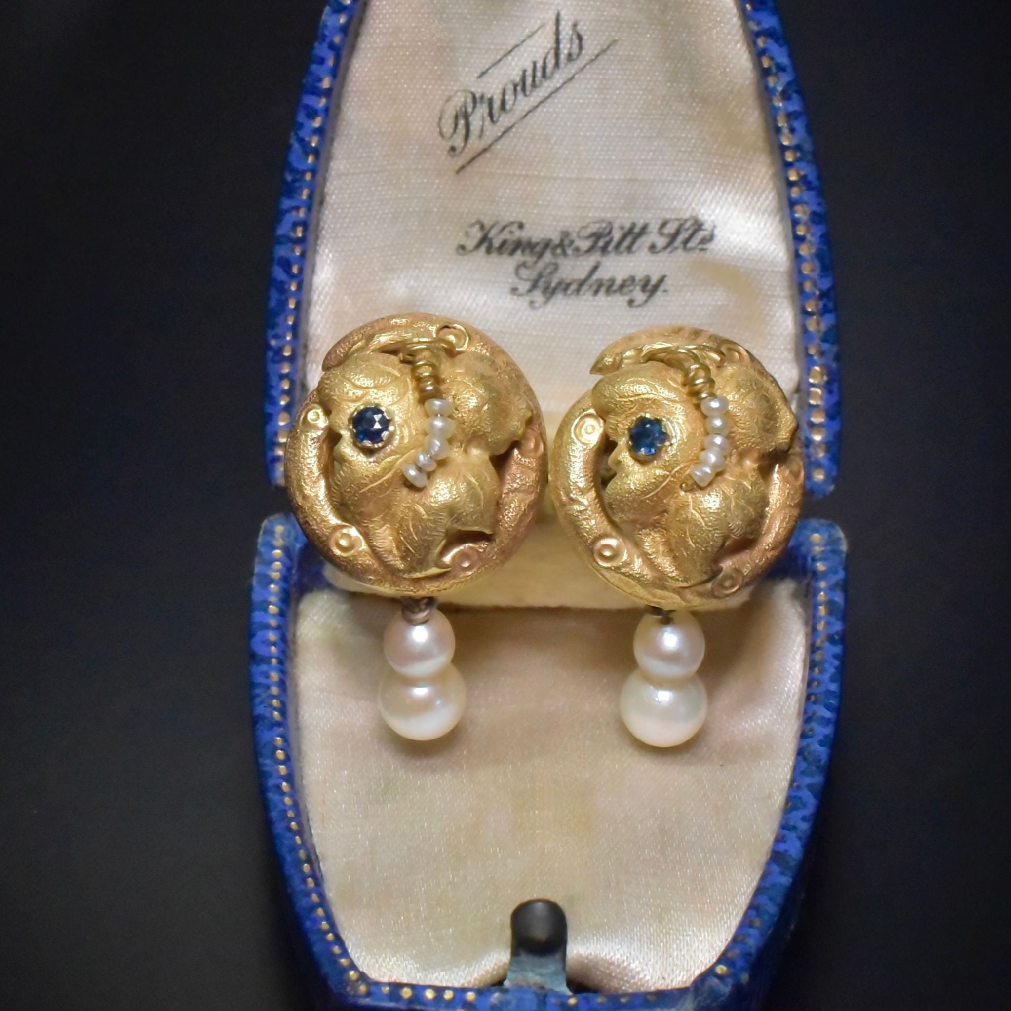 Superb Antique Victorian 18ct Yellow Gold Sapphire And Pearl Earrings - Circa 1880-90