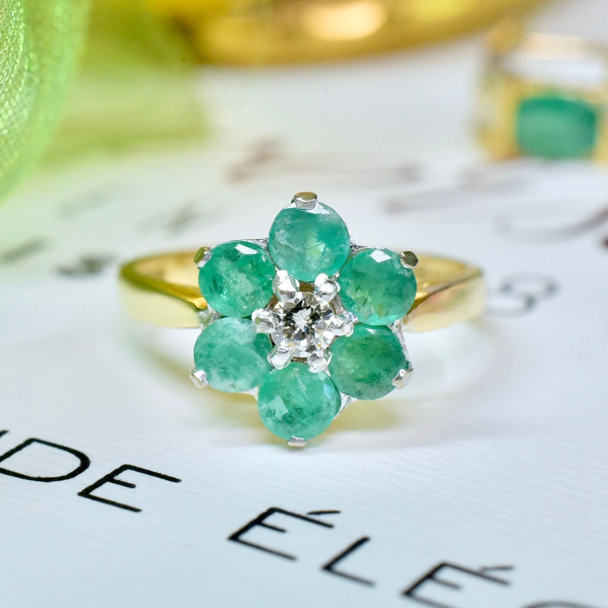 Vintage 18ct Yellow Gold Emerald And Diamond ‘Daisy Halo’ Ring - London 1975