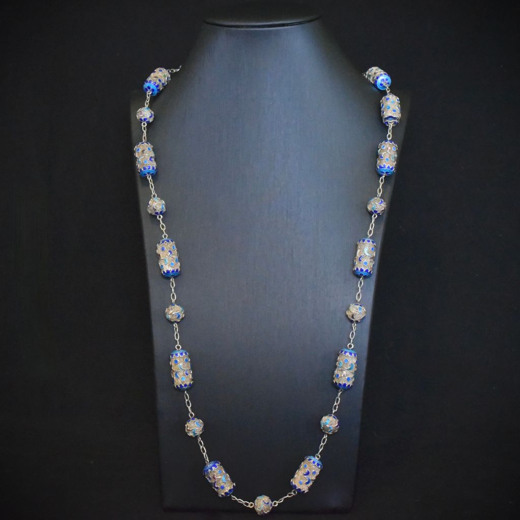 Vintage Sterling Silver And Enamel Long Chain - 75cm