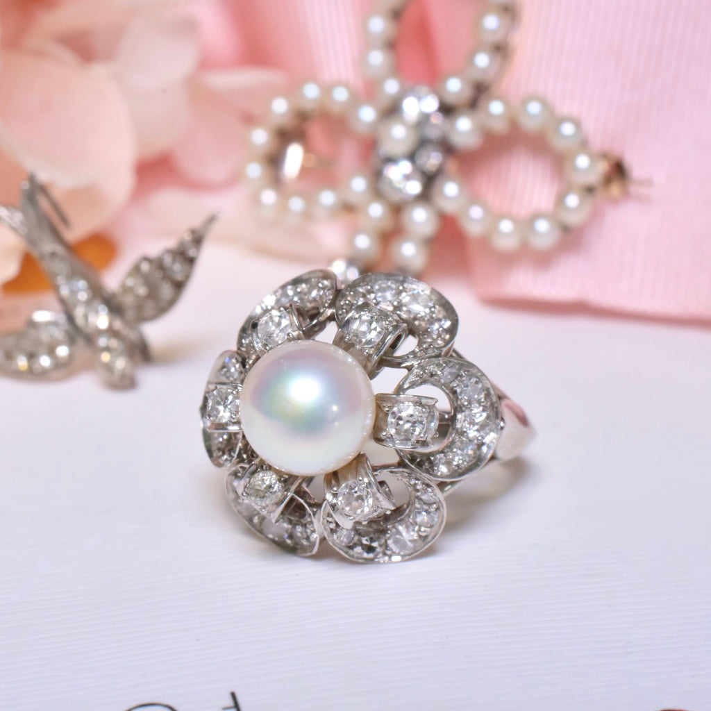 Superb Vintage Platinum And 14ct White Gold Diamond Pearl Cocktail Ring 1950’s