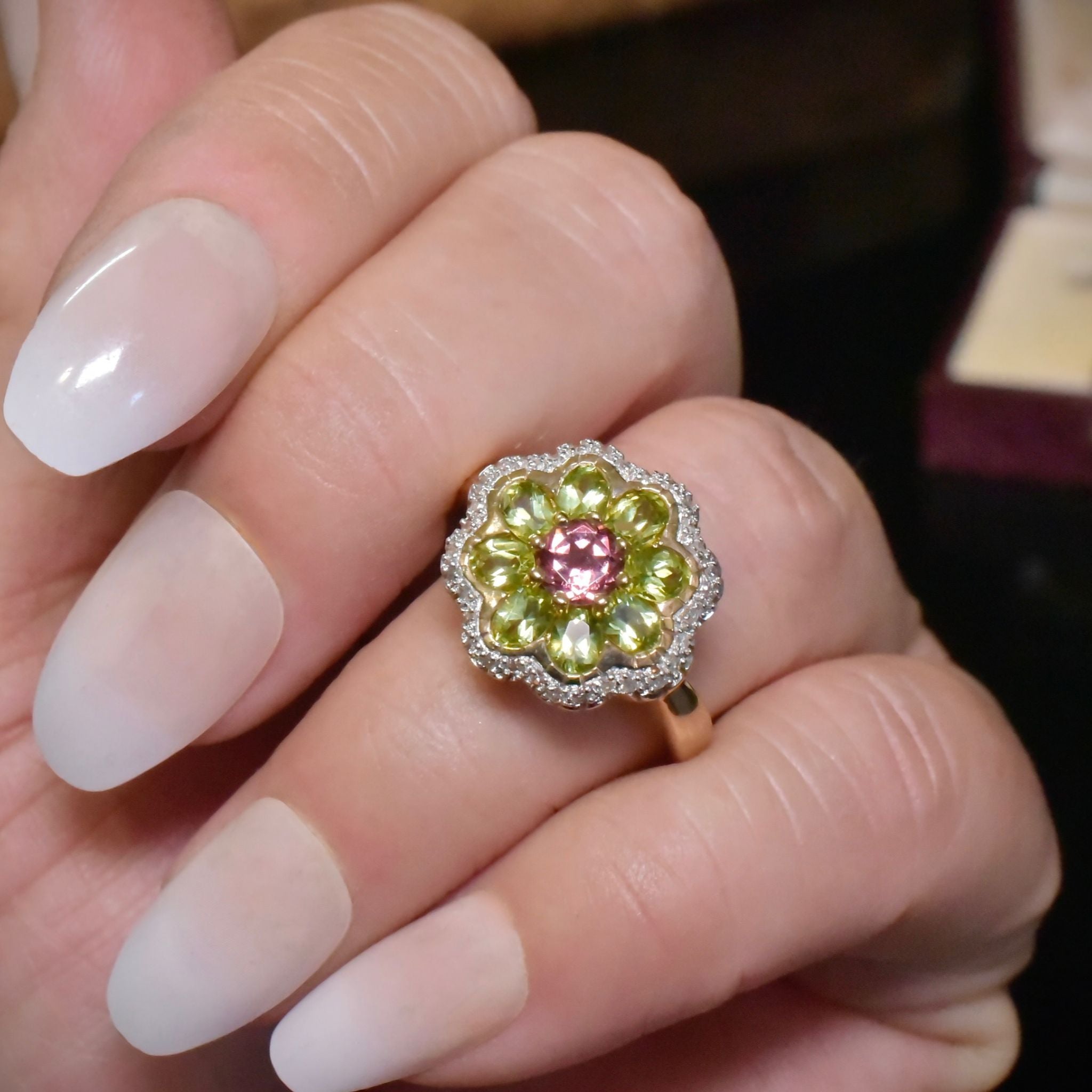 Divine 9ct Yellow Gold Garnet, Peridot & Diamond Ring - Sheffield