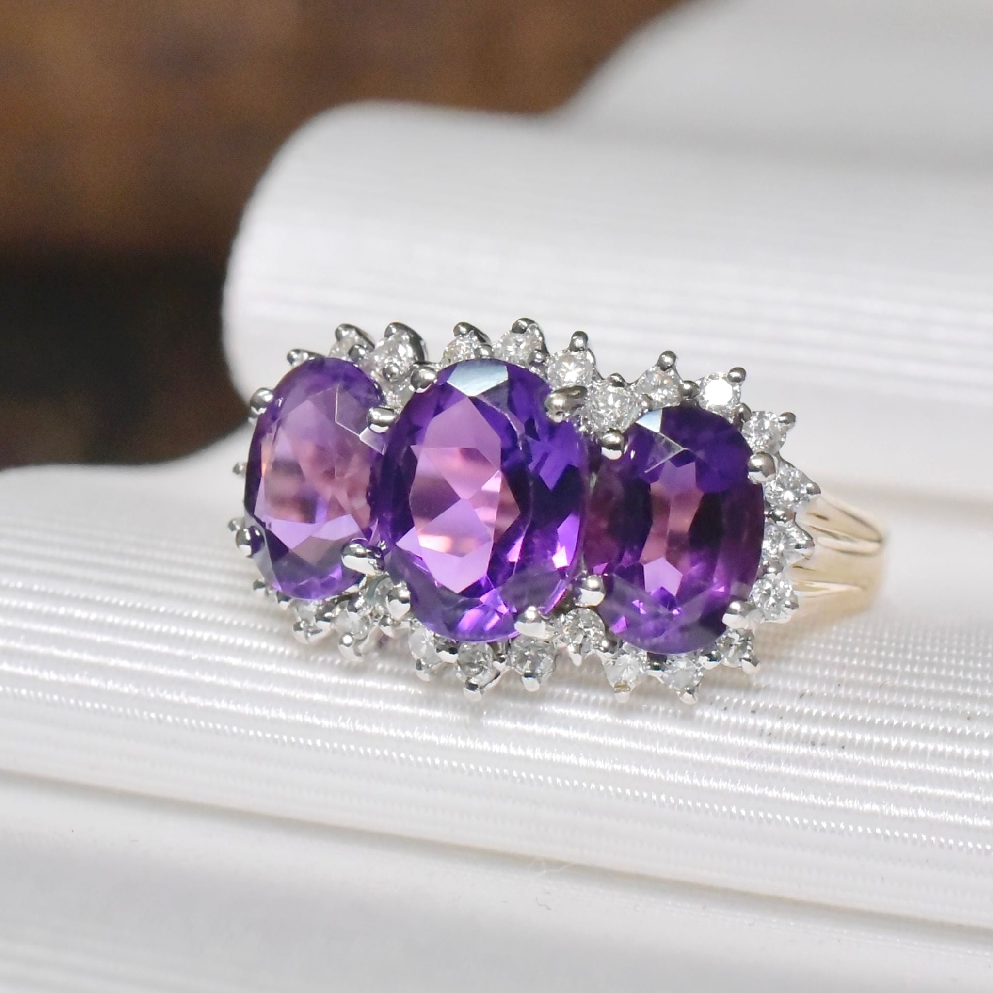 Stunning 9ct Yellow Gold Amethyst And Diamond ’Trilogy’ Ring