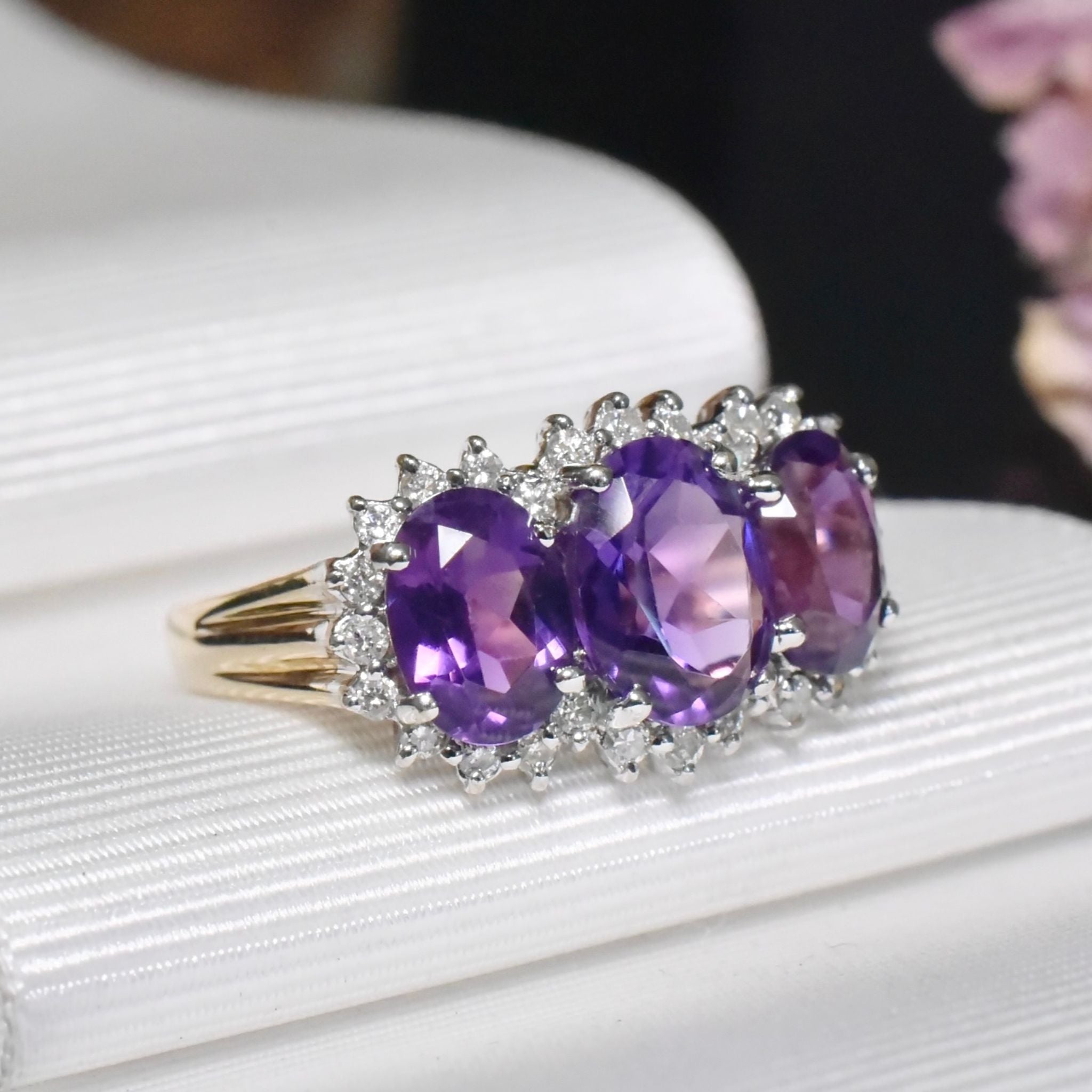 Stunning 9ct Yellow Gold Amethyst And Diamond ’Trilogy’ Ring
