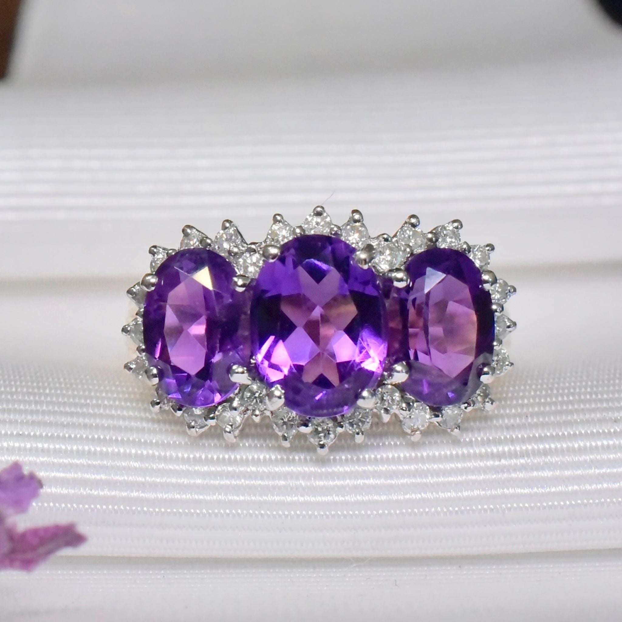 Stunning 9ct Yellow Gold Amethyst And Diamond ’Trilogy’ Ring