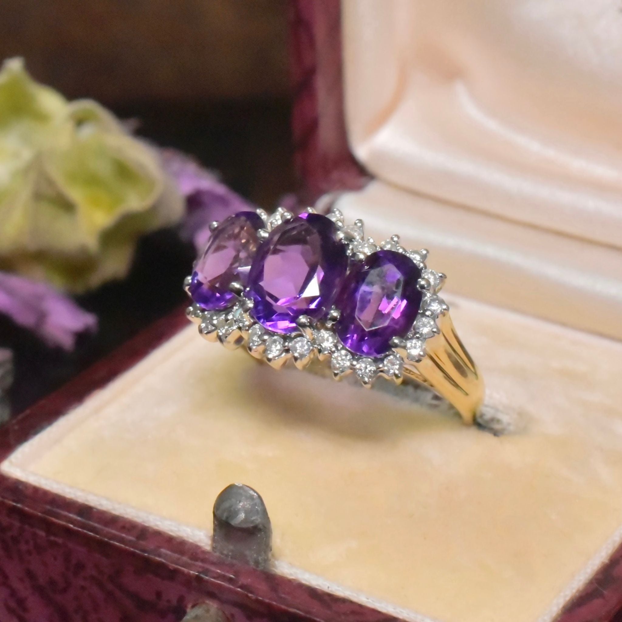 Stunning 9ct Yellow Gold Amethyst And Diamond ’Trilogy’ Ring