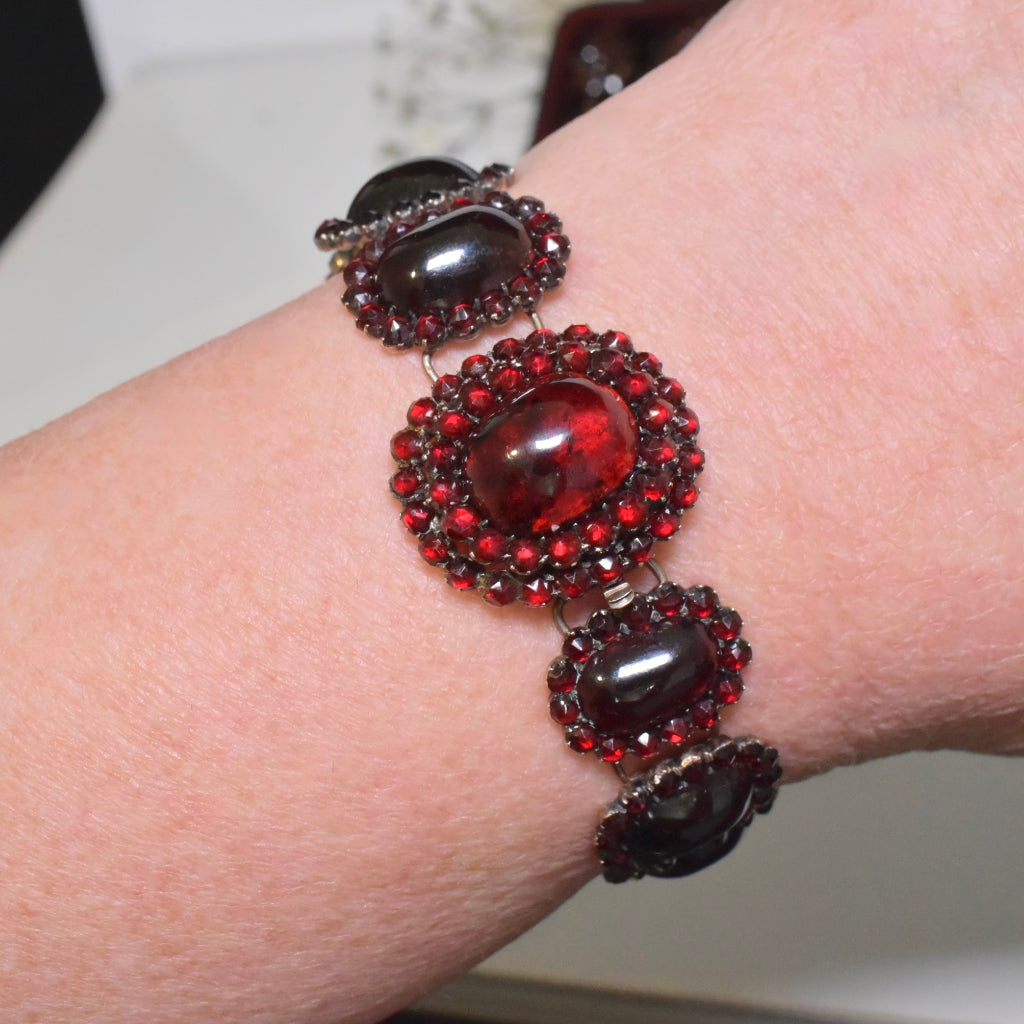 Antique Victorian Carbuncle/Cabochon And Bohemian Rose-Cut Garnet Bracelet - Circa 1880-90