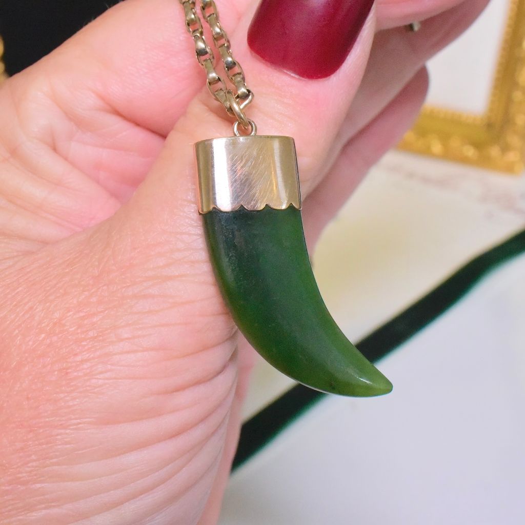 Antique Edwardian 9ct Rose Gold Nephrite Jade ‘Niho’ Fob/ Pendant Circa 1910