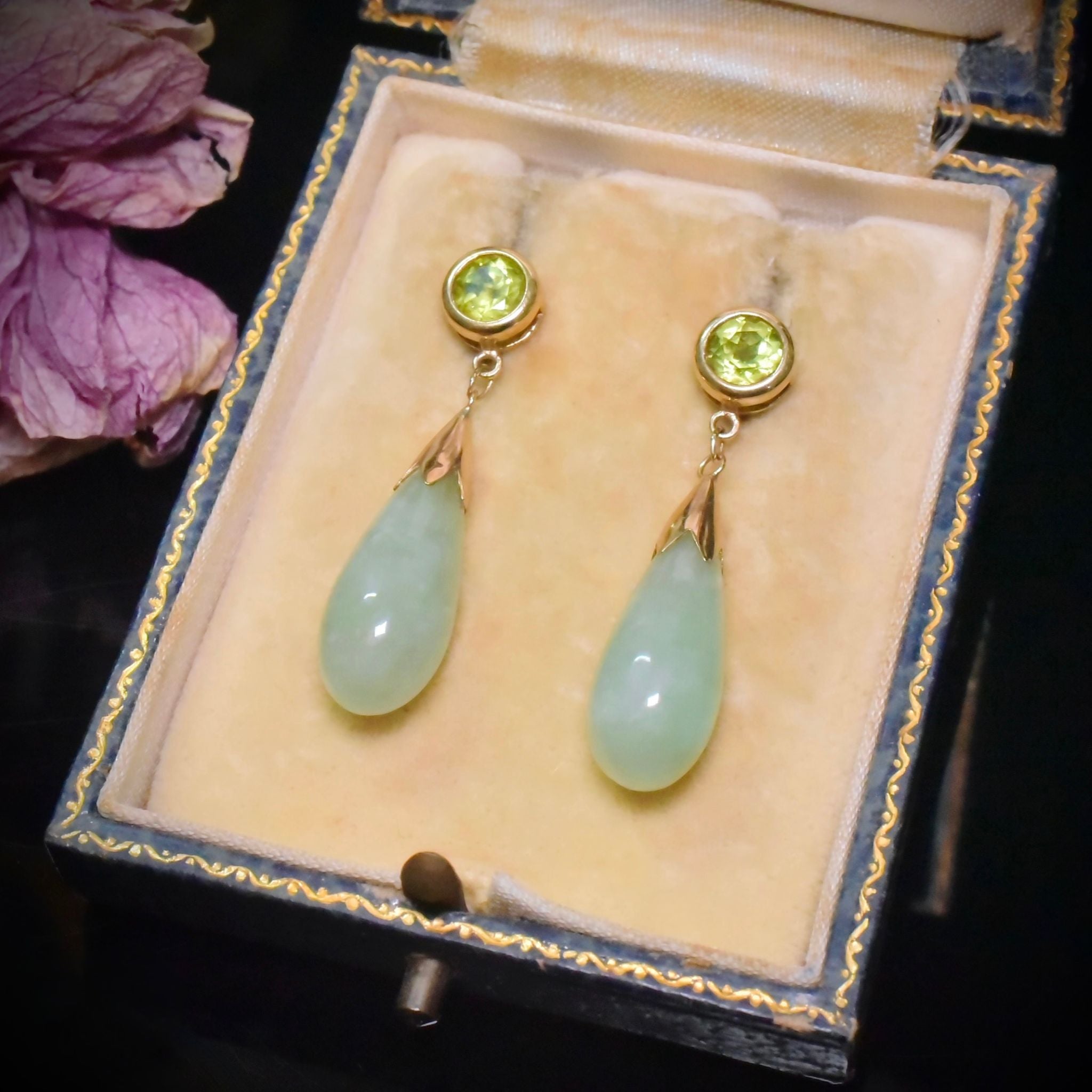 Stunning 9ct Yellow Gold Peridot & Jade Drop Earrings - Birmingham 2007