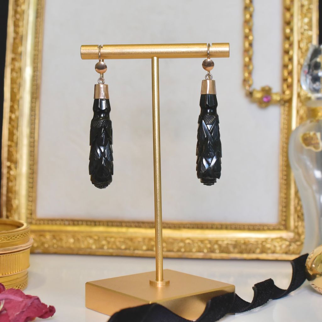 Antique Victorian 9ct Rose Gold Carved Whitby Jet Pendeloque Earrings Circa 1880’s