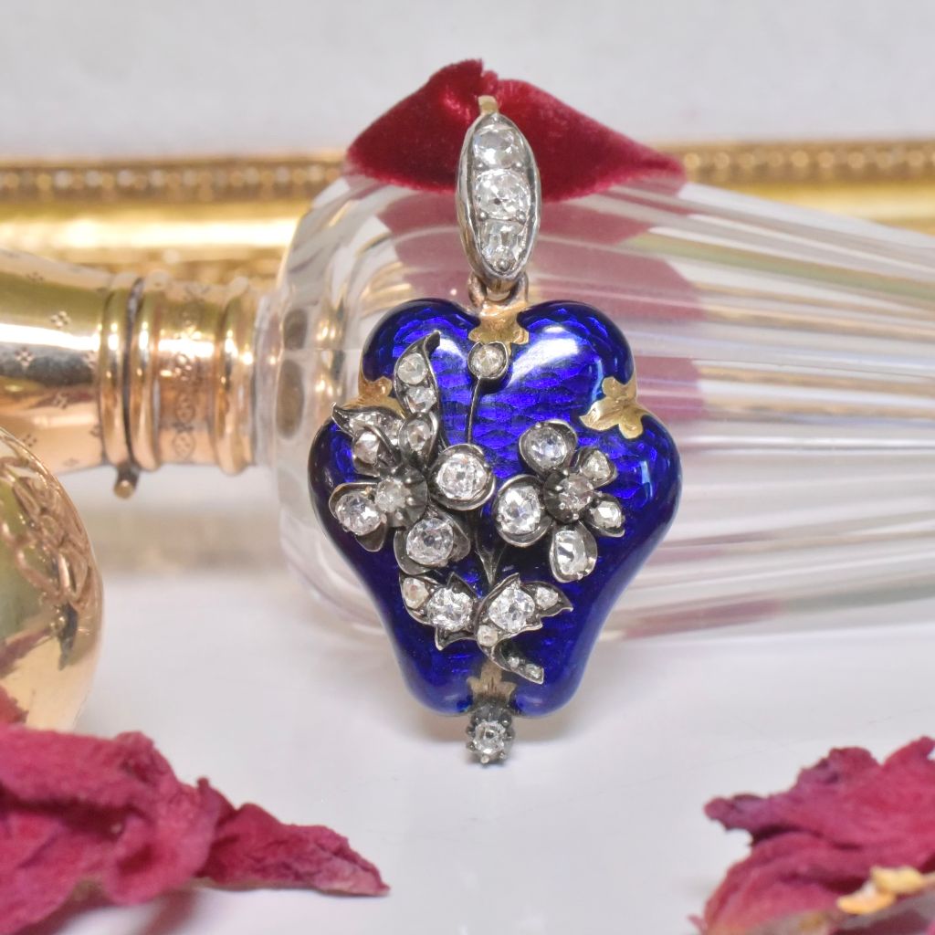 Superb Victorian 15ct Yellow Gold And Enamel Diamond Forget-Me-Not Locket Pendant Circa 1850