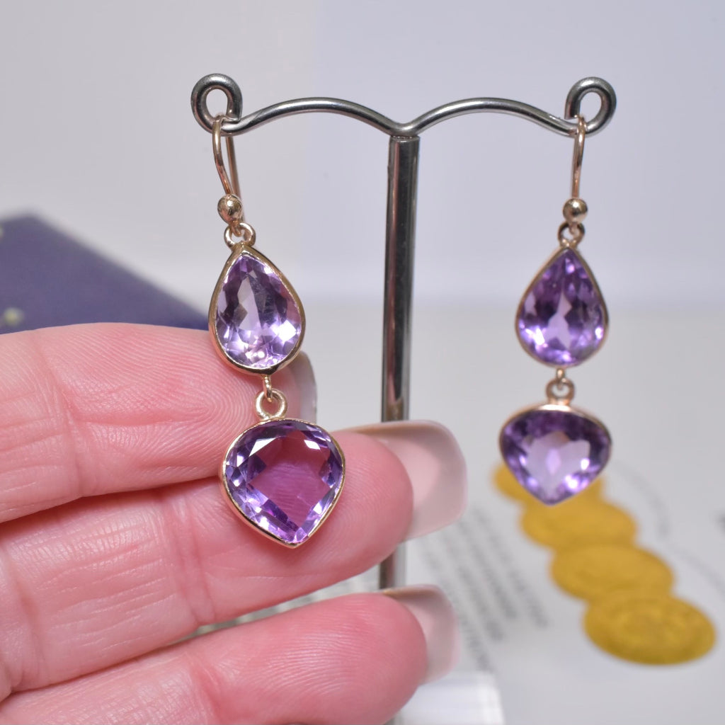 Modern 9ct Rose Gold Articulated Amethyst ‘Heart’ Drop Earrings