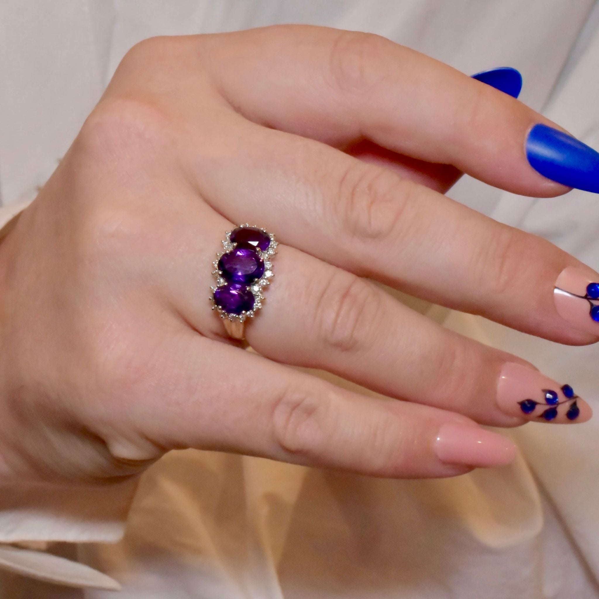 Stunning 9ct Yellow Gold Amethyst And Diamond ’Trilogy’ Ring