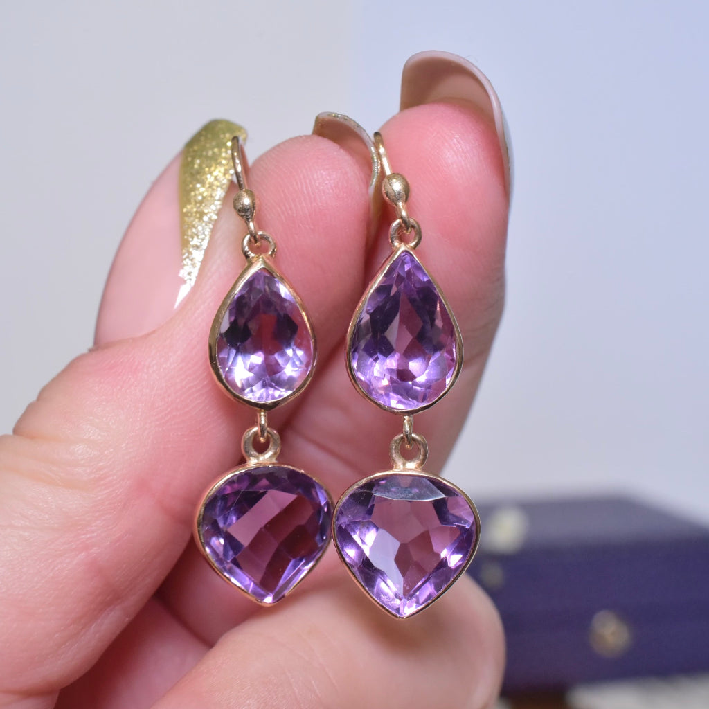 Modern 9ct Rose Gold Articulated Amethyst ‘Heart’ Drop Earrings