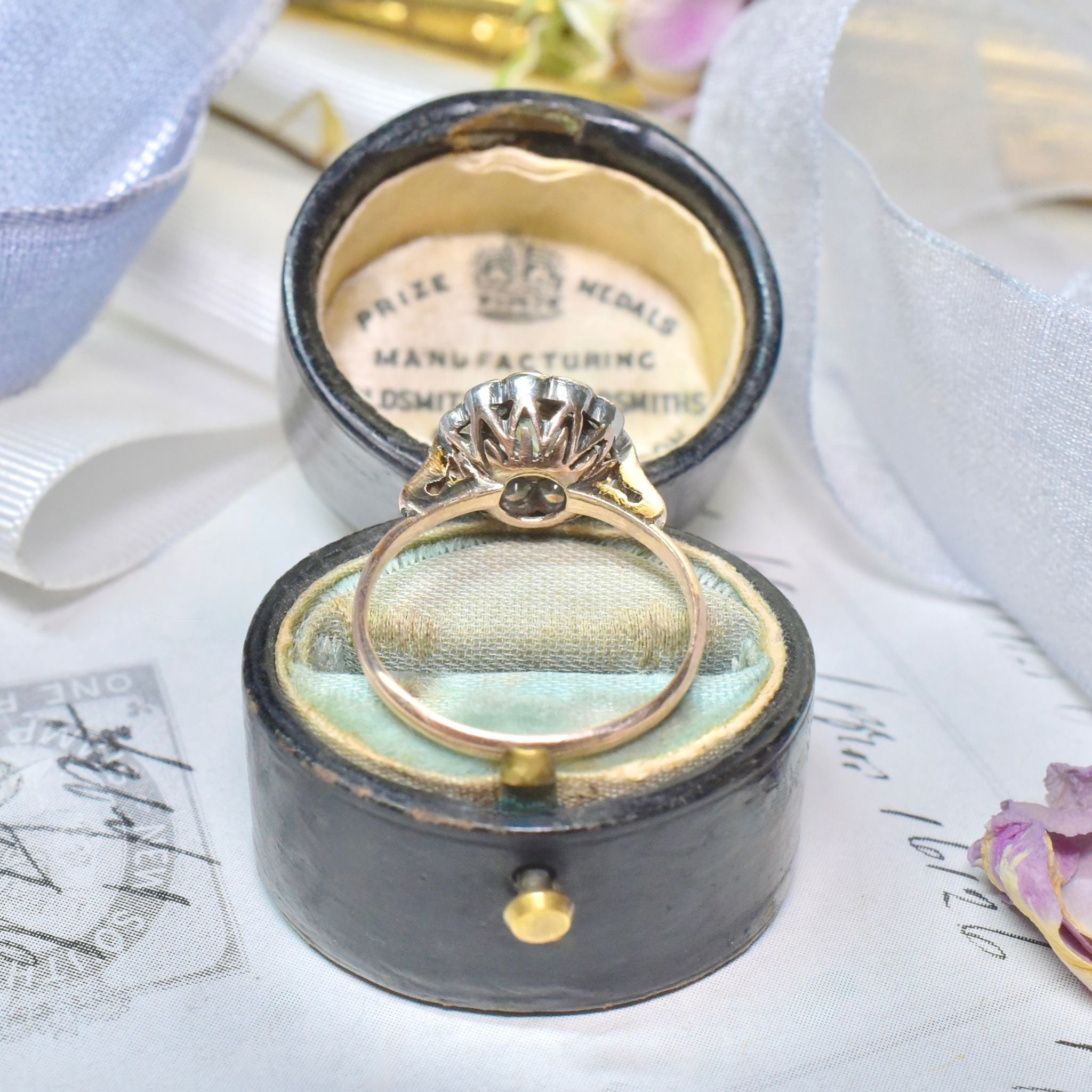 Art Deco Era 9ct Rose Gold Blue Zircon And White Spinel ‘Daisy Halo’ Ring