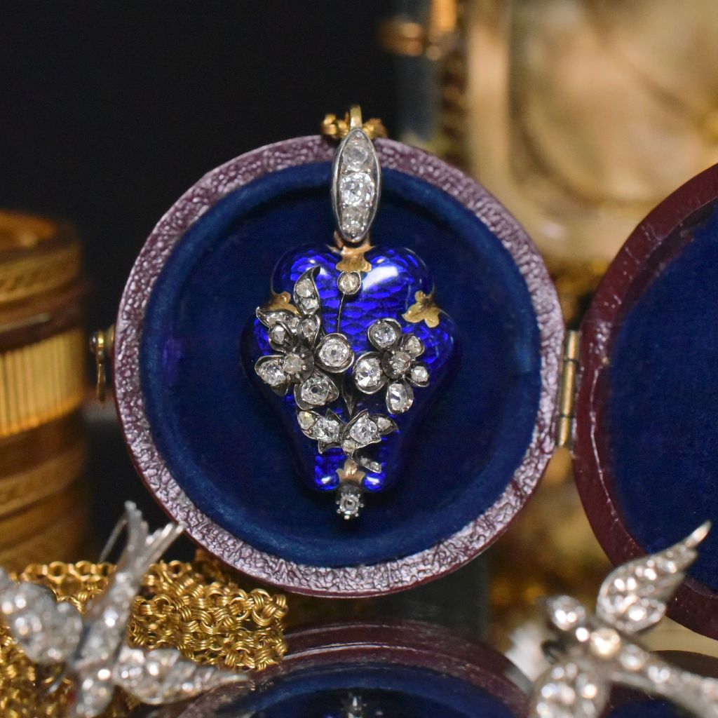 Superb Victorian 15ct Yellow Gold And Enamel Diamond Forget-Me-Not Locket Pendant Circa 1850