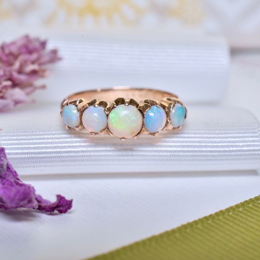 Antique Australian 15ct Rose Gold And Opal Five Stone Half Hoop Ring Circa 1910