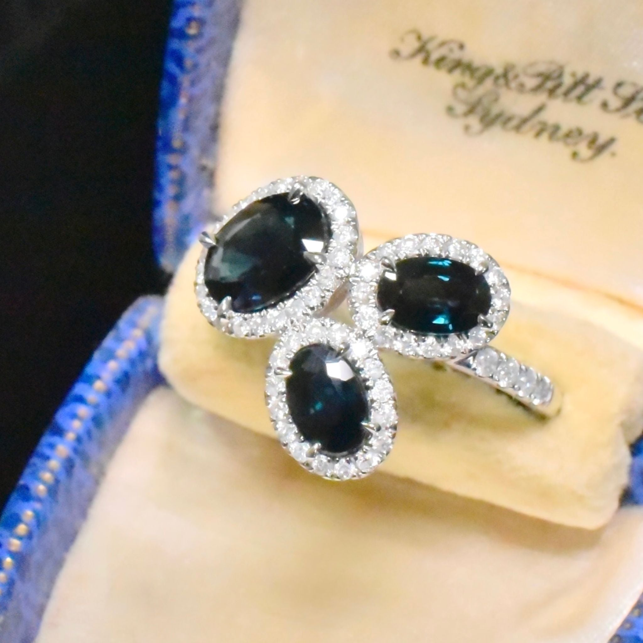 Contemporary 14ct White Gold Teal Blue/Green Sapphire (2.64ct) And Diamond (0.40ct) Ring