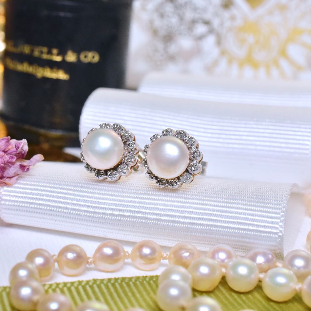 Modern 9ct Yellow Gold Pearl And Diamond Halo Custer Earrings